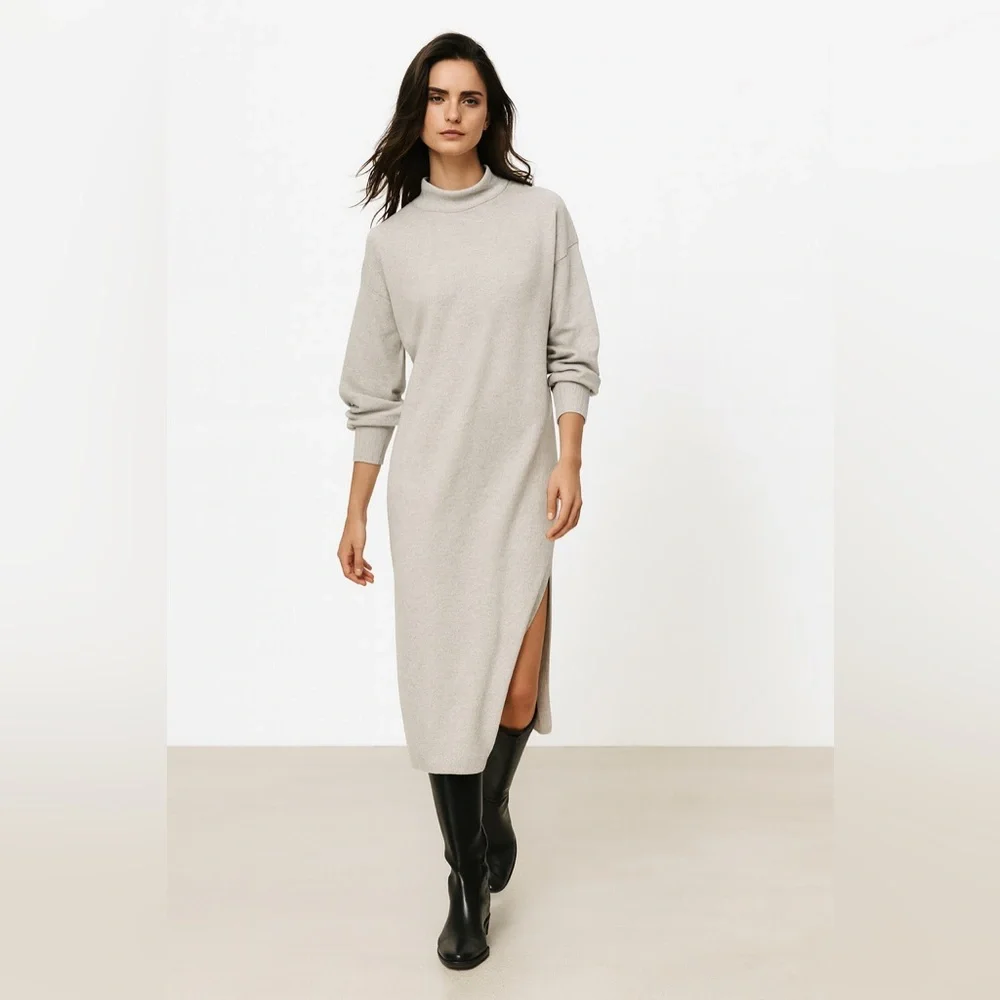 Wilfred 100% Merino Wool Cream Mock Neck Sweater Dress w/ Front Slit – Size S - Picture 2 of 10